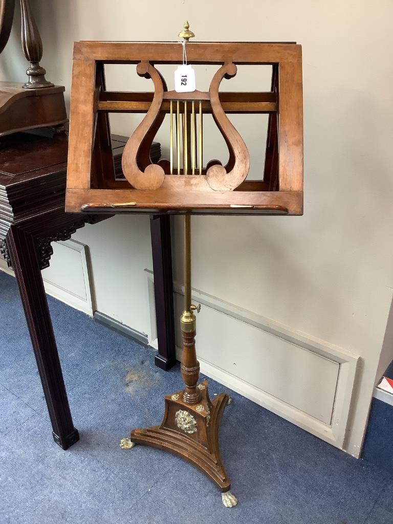 A Regency brass mounted mahogany duet music stand, width 42cm height 112cm